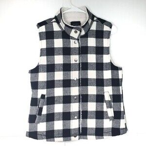 RISEN Buffalo Plaid Sherpa Lined Sweater Vest Size S Black White Snap Front